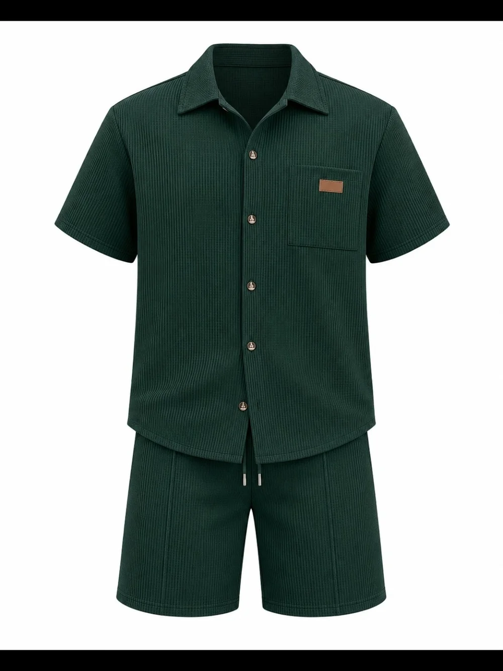 Men's Short Sleeve Button-Up Shirt & Shorts Set - Dark Green